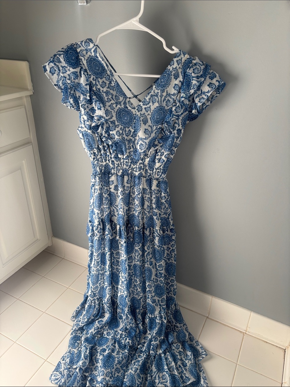 Aqua Blue and White Paisley Tiered Maxi Dress